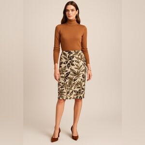 J. Crew Wool Blend Gold Foil Leaf Pencil Skirt Plant Foliage Work Career Wear 0